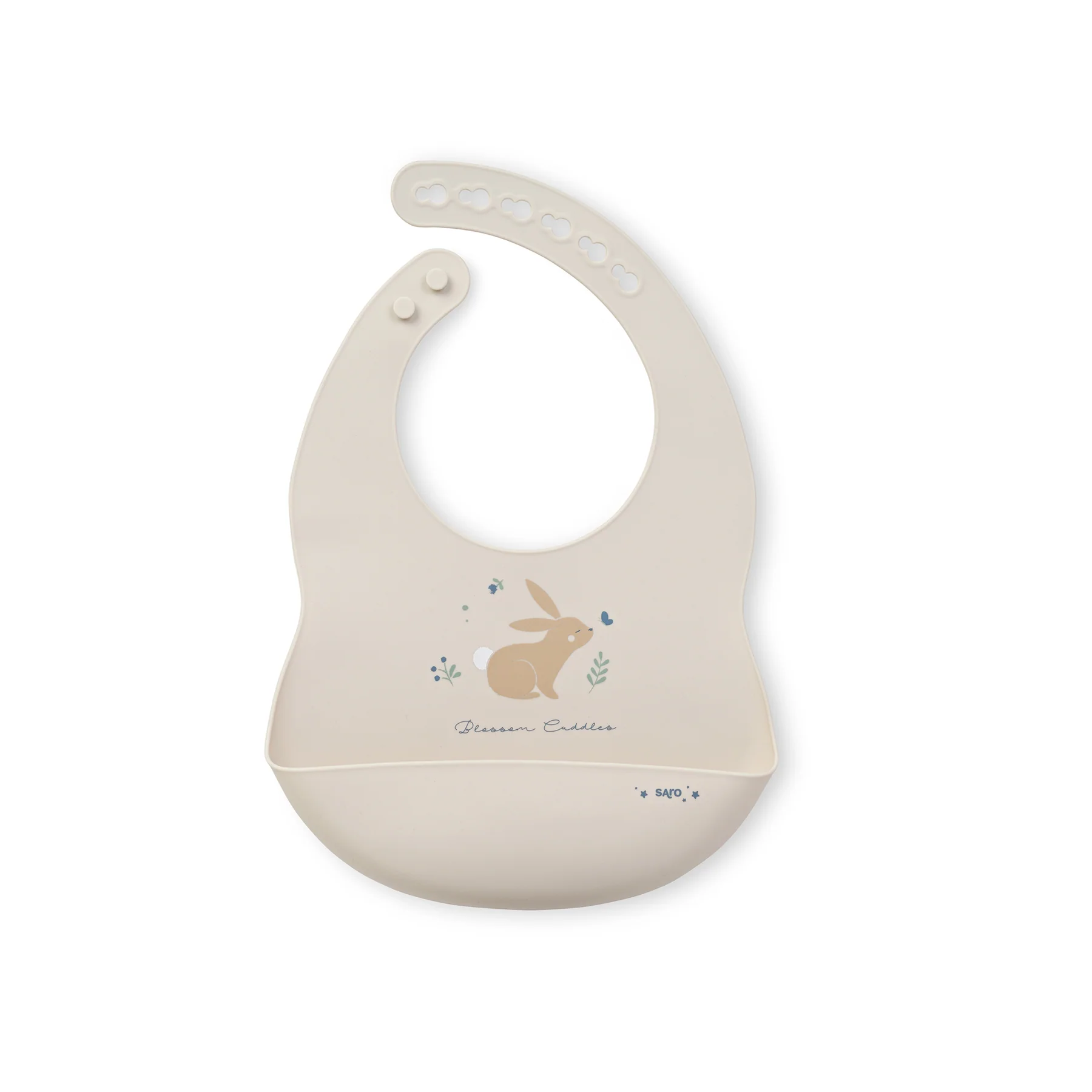 Babete de silicone bege com ilustração de coelho e plantas e texto Blossom Cuddles