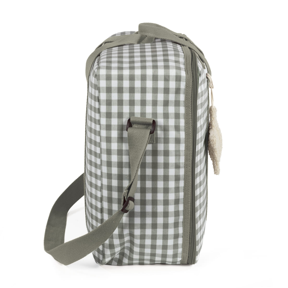 Bolsa térmica xiada cinza com alça e fecho cinzas e pendente pompom bege