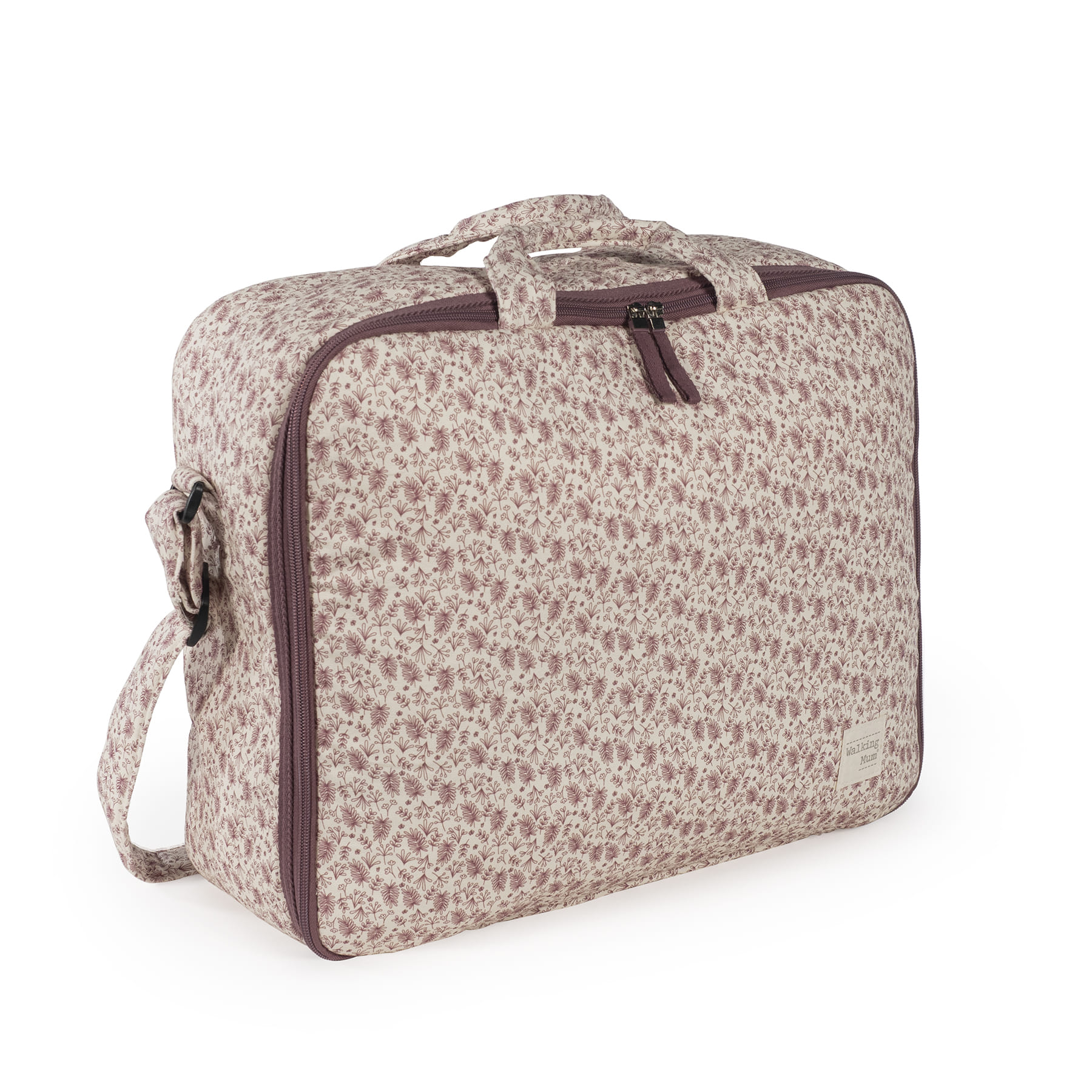 Mala de tecido floral bege e castanho com fecho de correr e alça.