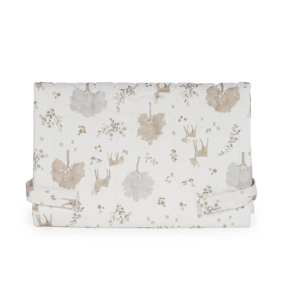 Muda-fraldas portátil com padrão de flores e cervos bege e cinza
