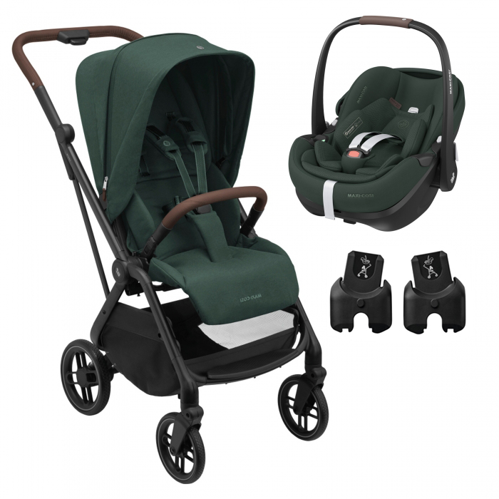 Carrinho e cadeirinha de bebé verdes com estrutura preta e detalhes castanhos