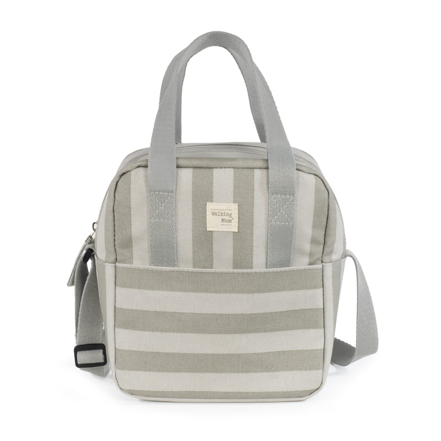 Bolsa quadrada cinza e bege com riscas e alças