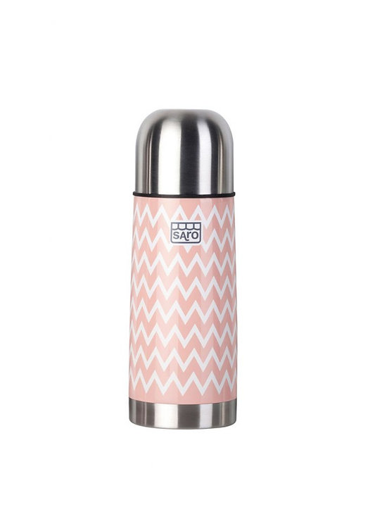 Garrafa térmica rosa claro com padrão ziguezague branco e tampa metálica prateada