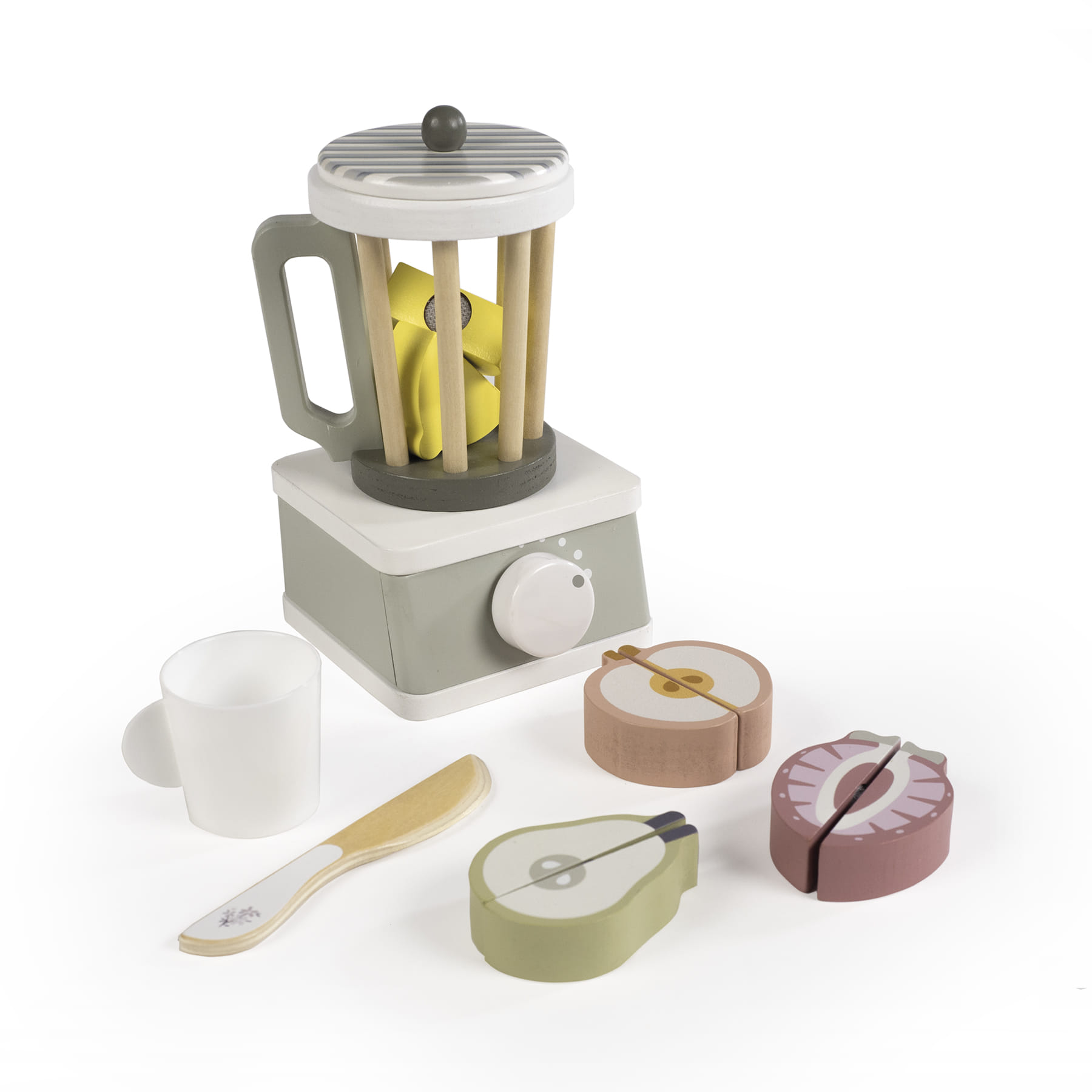 Liquidificador de brinquedo em madeira com frutas e acessórios