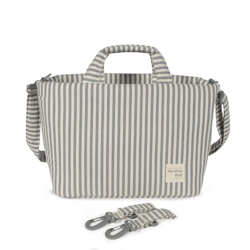 Bolsa riscada cinzenta e branca com alças acolchoadas e etiqueta walking Mum