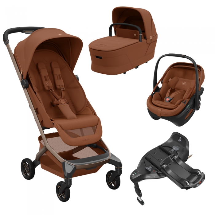 Conjunto de carrinho de bebé e acessórios castanhos com fundo branco