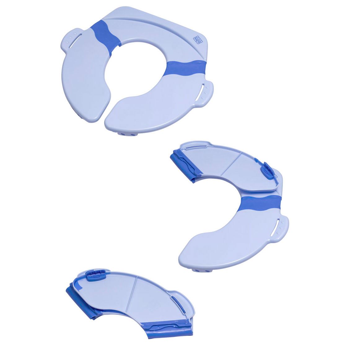 Assento redutor de sanita dobrável branco com detalhes azuis em três partes