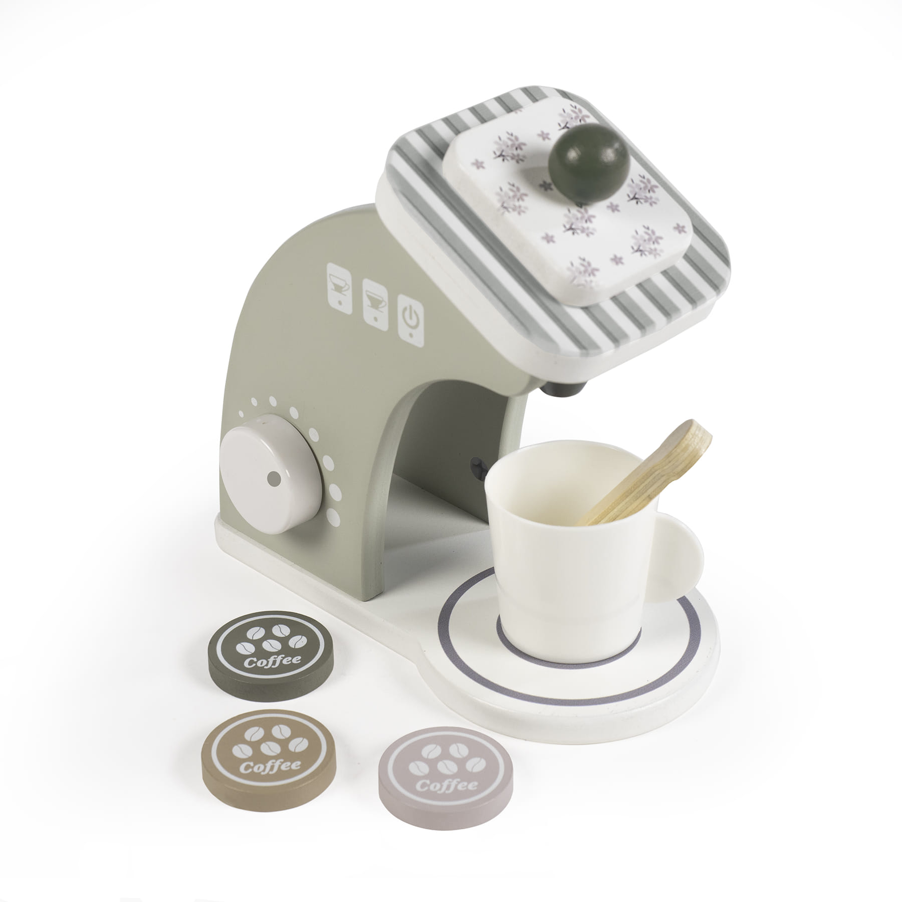 Máquina de café de brinquedo com chávena e discos de café em madeira