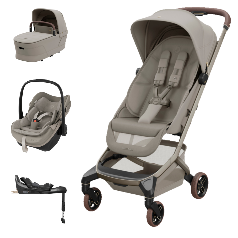 Conjunto de mobiliário para bebé Maxi-Cosi bege com carrinho, alcofa, cadeira auto e base ISOFIX