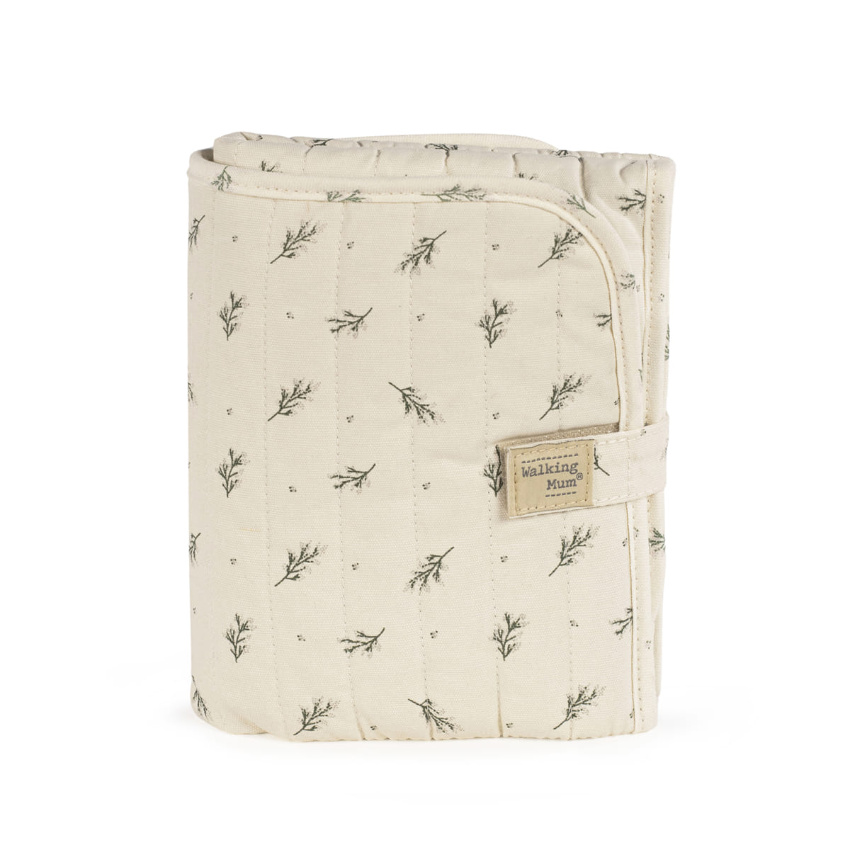 Estojo almofadado bege claro com padrão de ramos verdes e fecho com aba