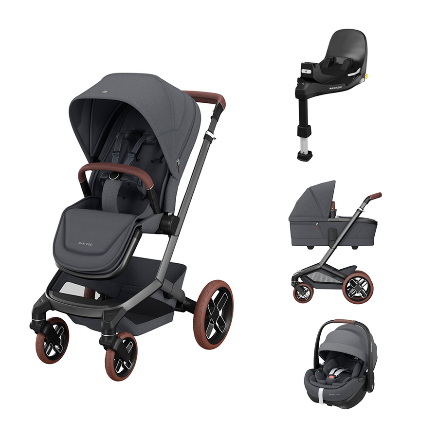 Conjunto carrinho de bebé cinza com acessórios variados