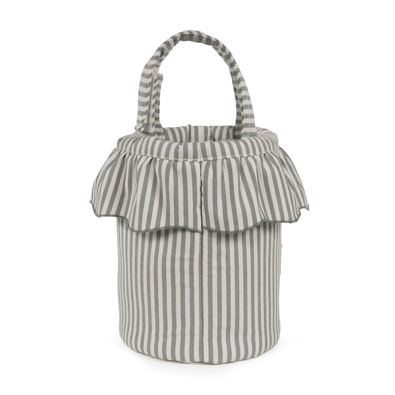 Bolsa redonda com tecido riscado cinzento e branco e alça única