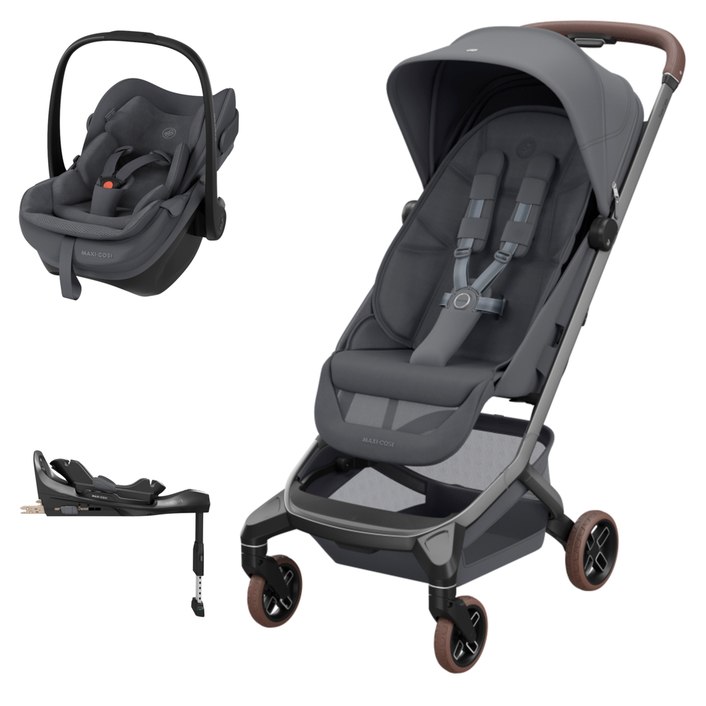 Carrinho de bebé cinzento escuro Maxi-Cosi com cadeirinha e base ISOFIX