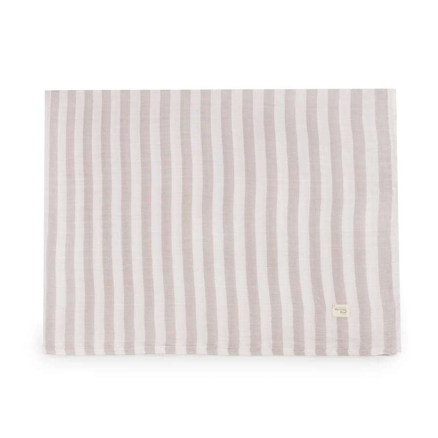 Toalha ou pano de algodão às riscas bege e branco com etiqueta