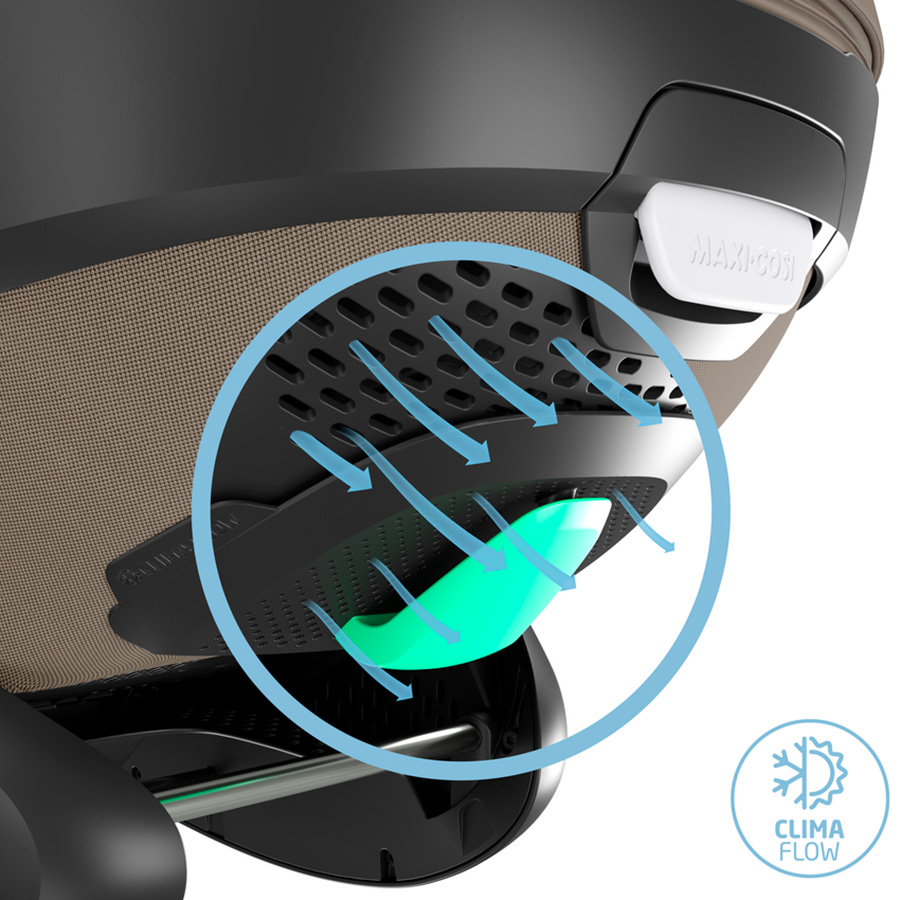 Detalhe de assento de criança Maxi-Cosi com mecanismo branco e recurso Clima Flow