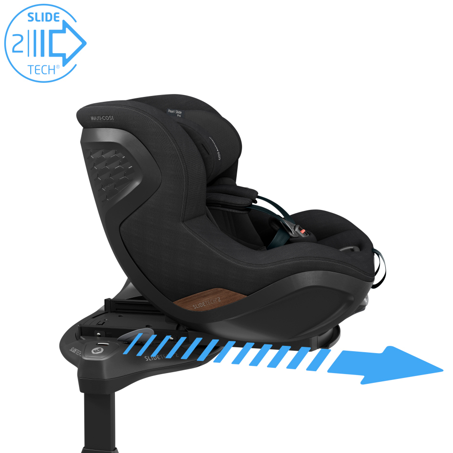 Cadeira auto preta MAXI-COSI Pearl Slide Pro com base e estrutura preta, seta azul indicando deslizamento para a frente.