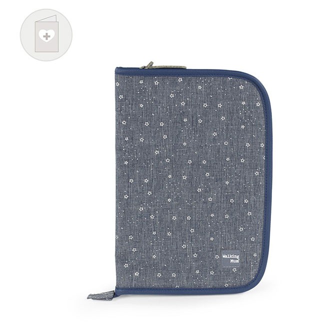 Organizador azul escuro com padrão de flores brancas e fecho de correr