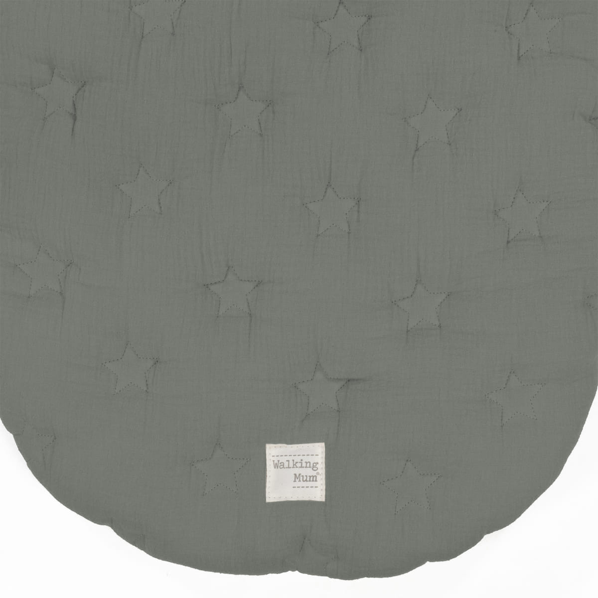Tapete cinzento com estrelas em relevo e etiqueta 'Walking Mum'