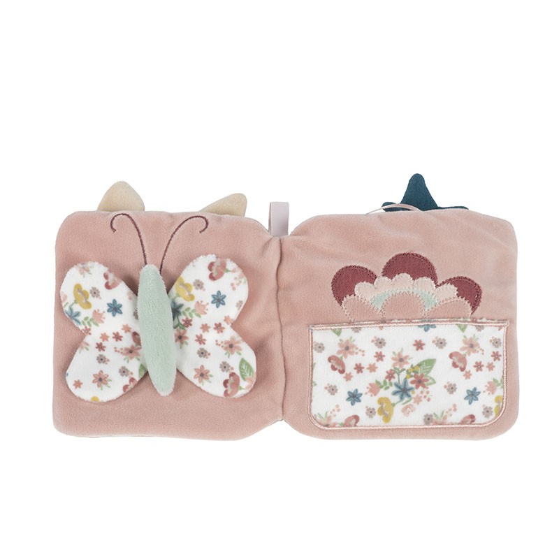 Livro de pano para bebés com borboleta e padrão floral em tecido rosa e branco