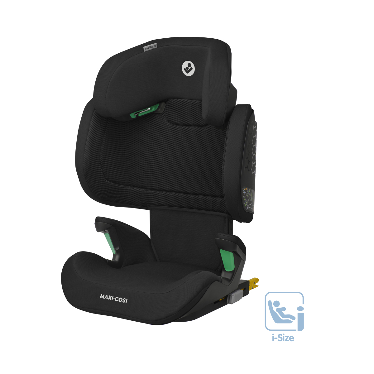 Cadeira auto para criança Maxi-Cosi i-Size preta com detalhes verdes e logótipo branco