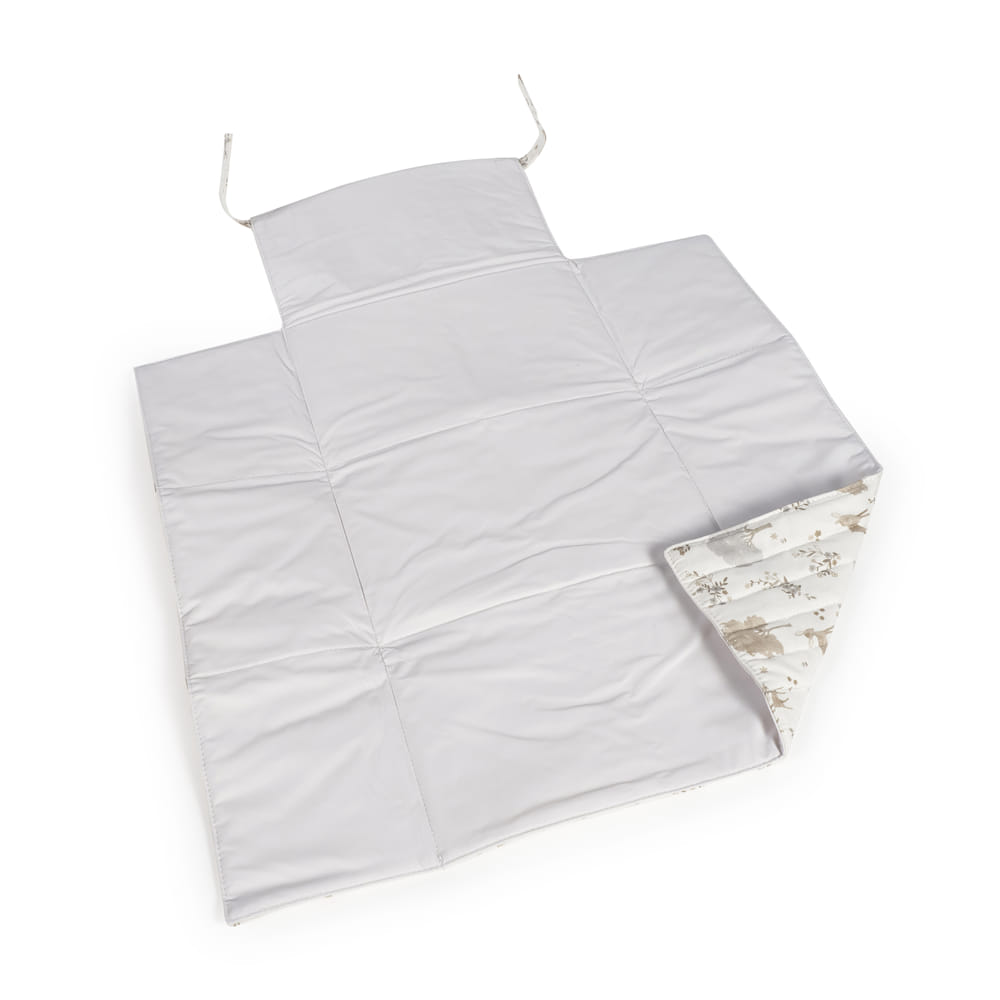 Trocador de bebé com superfície cinzenta e interior estampado com animais