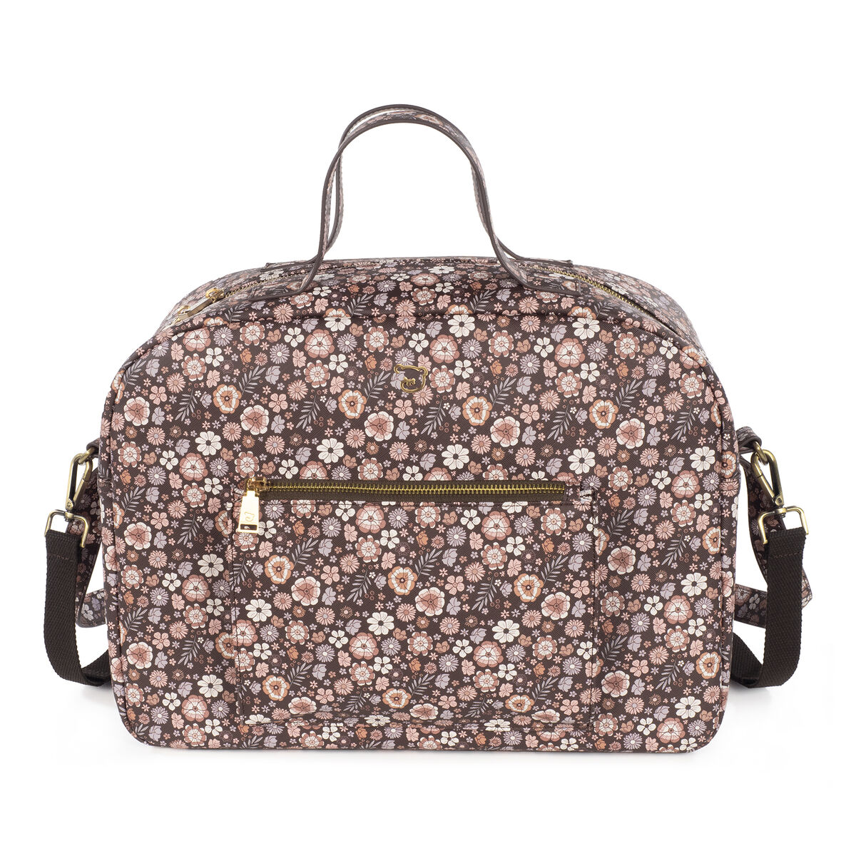 Bolsa feminina floral tons castanho, rosa e branco com fecho dourado