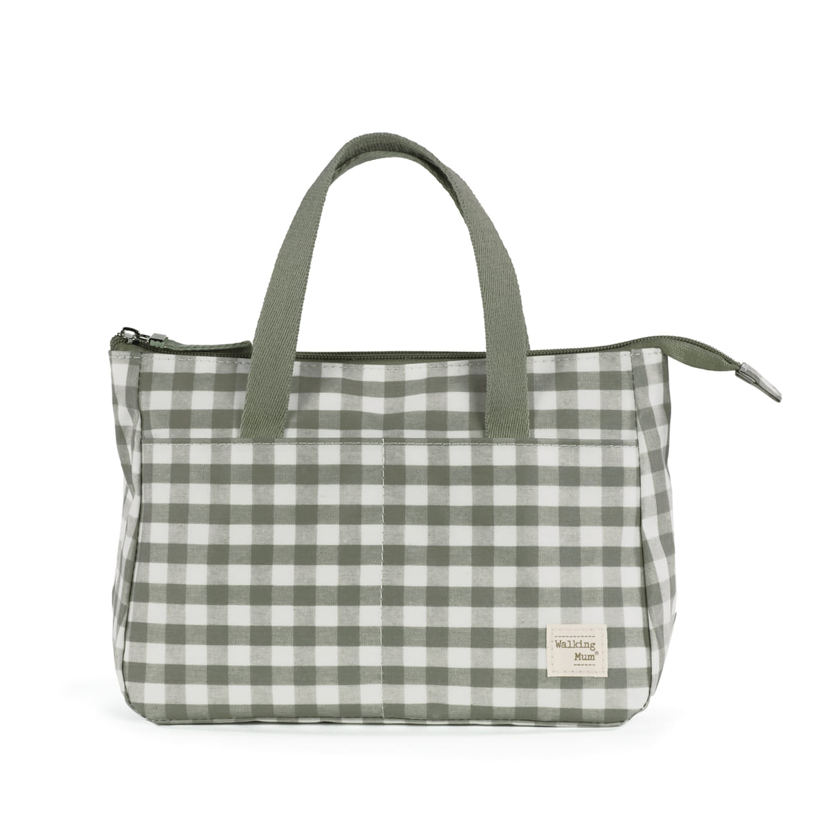 Bolsa tipo tote xadrez verde e branco com alças e etiqueta Walking Mum