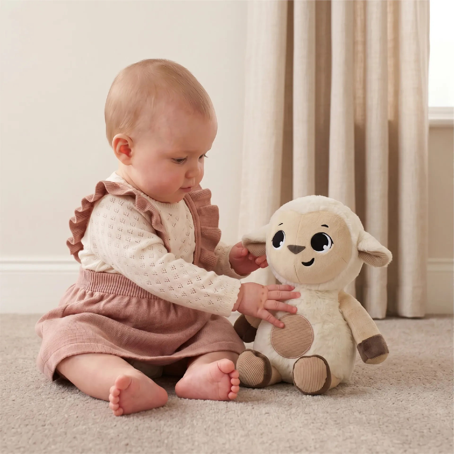 Bebé a brincar com peluche de ovelha em sala clara