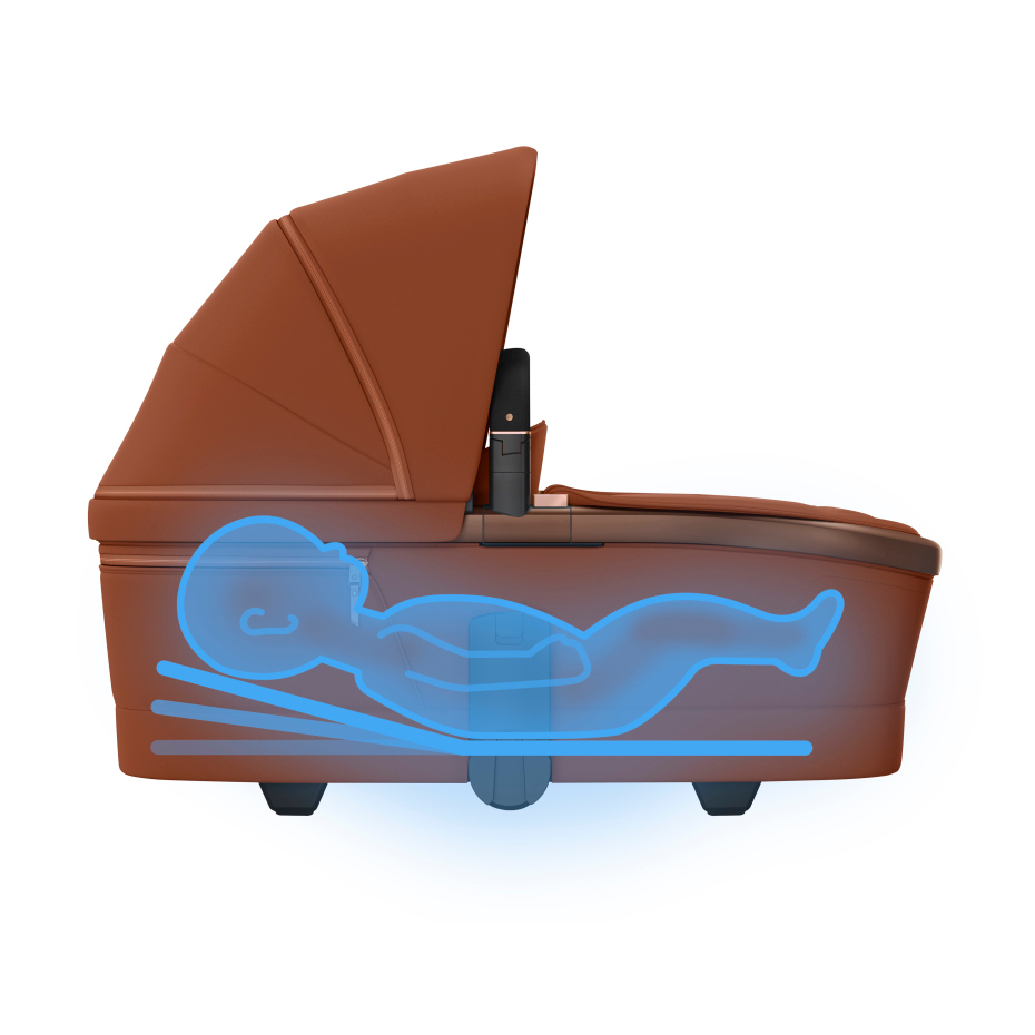 Carrinho de bebé castanho com ilustração azul de bebé deitado