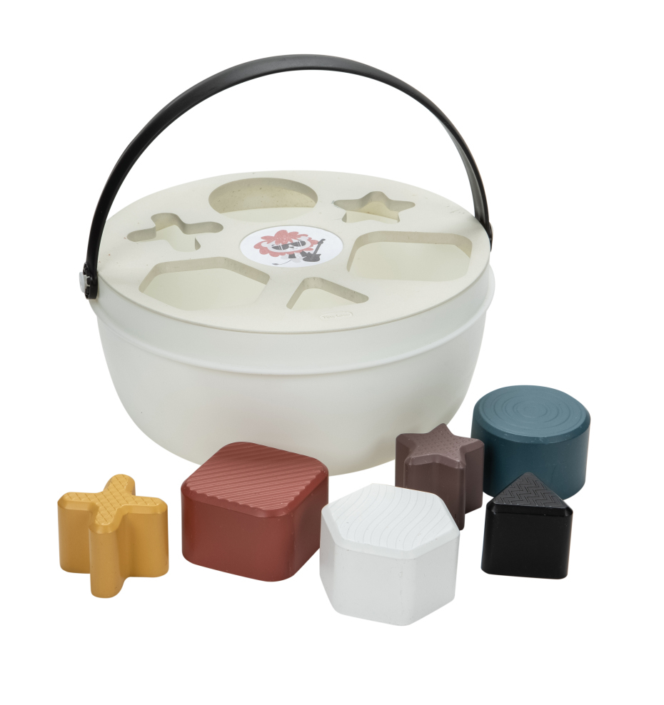 brinquedo de encaixe com balde branco e sete formas geométricas coloridas