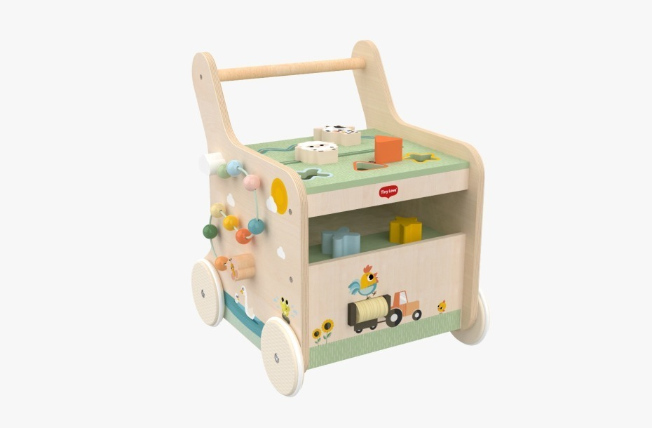 Carrinho de madeira infantil com brinquedos coloridos e ilustrações de animais e veículos