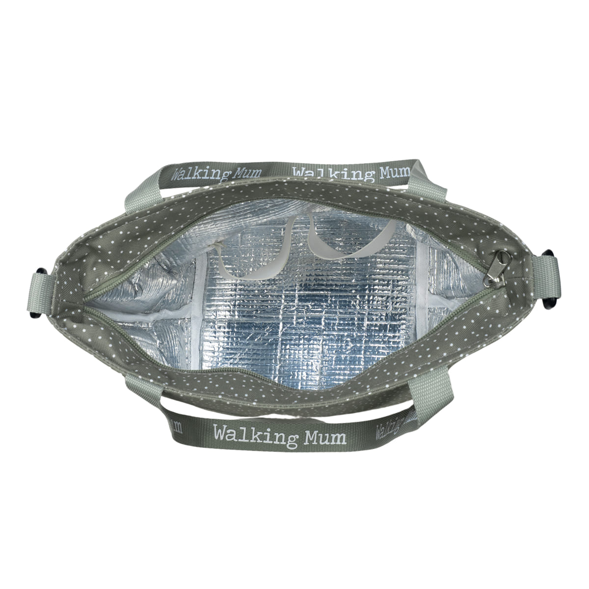 Mala térmica cinzenta com padrão de bolinhas brancas e alças com texto 'Walking Mum'