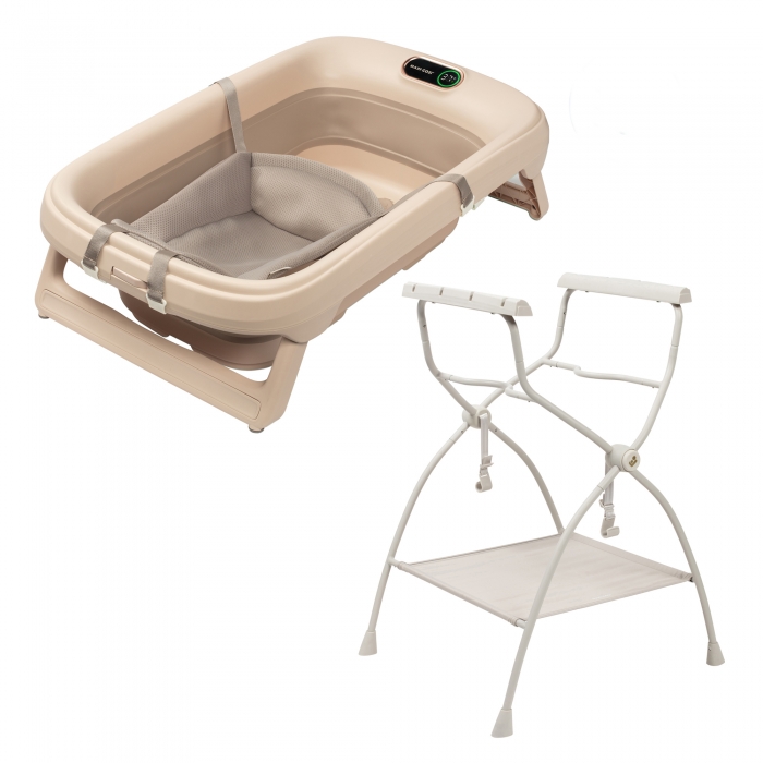 Bacia dobrável de banho rosa com estrutura metálica branca