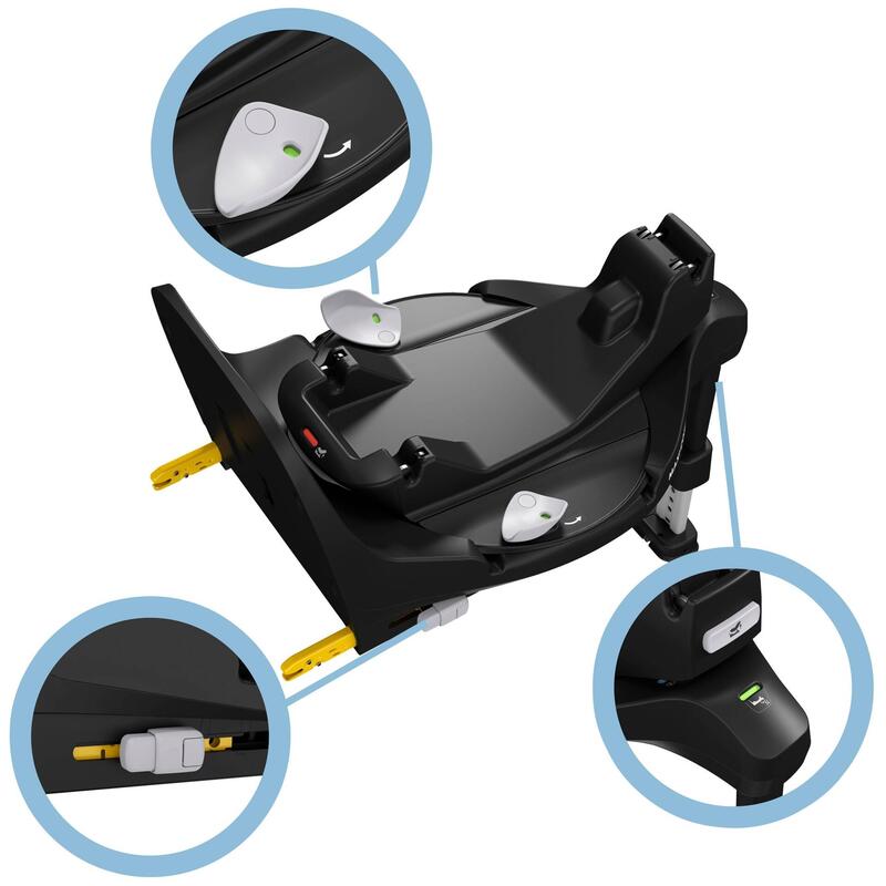 Base preta para cadeira auto com conectores ISOFIX e alertas luminosos