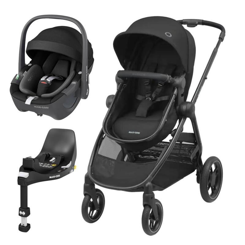 Carrinho, cadeira-auto e base pretos para bebé com design moderno