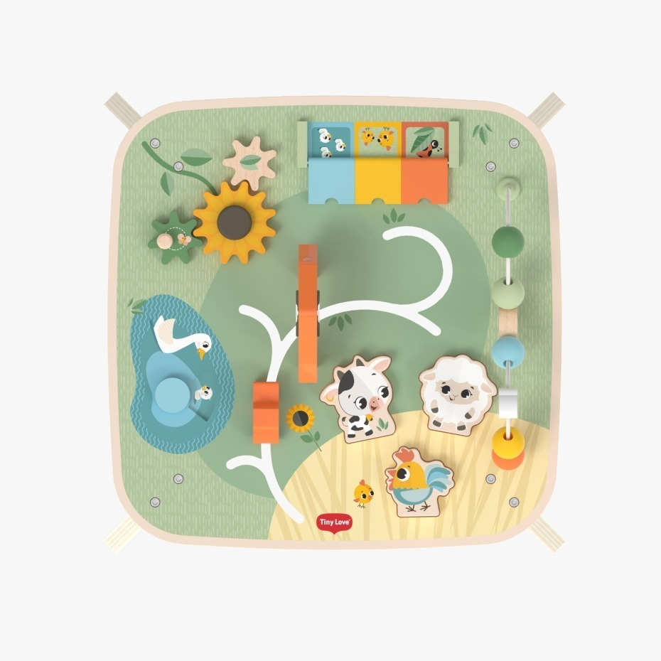 Painel de atividades infantil de madeira com animais e brincadeiras educativas