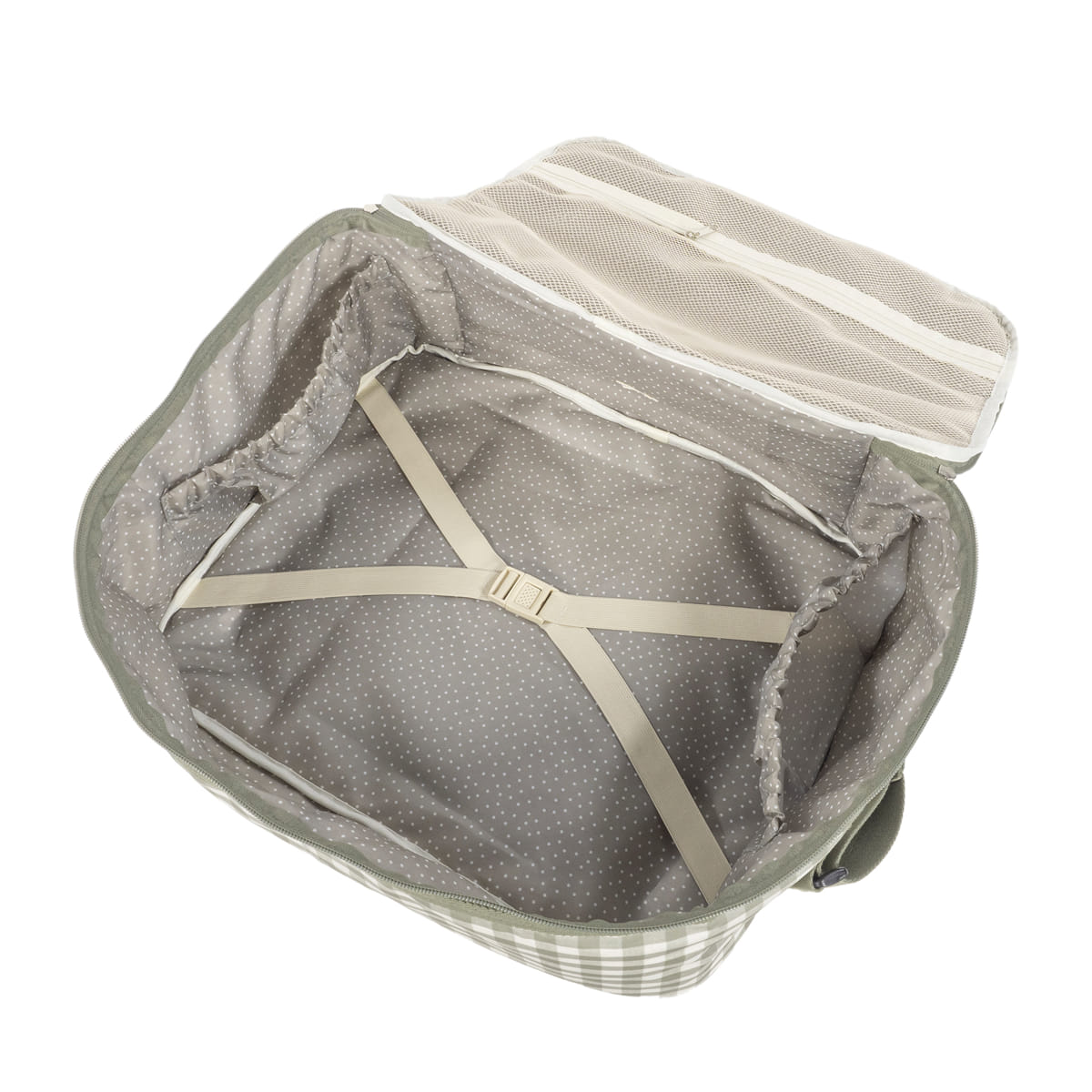 Mala de viagem xadrez aberta com interior cinzento pontilhado