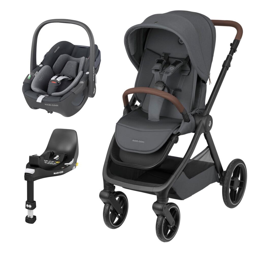 Carrinho de bebé cinza escuro com cadeirinha e base
