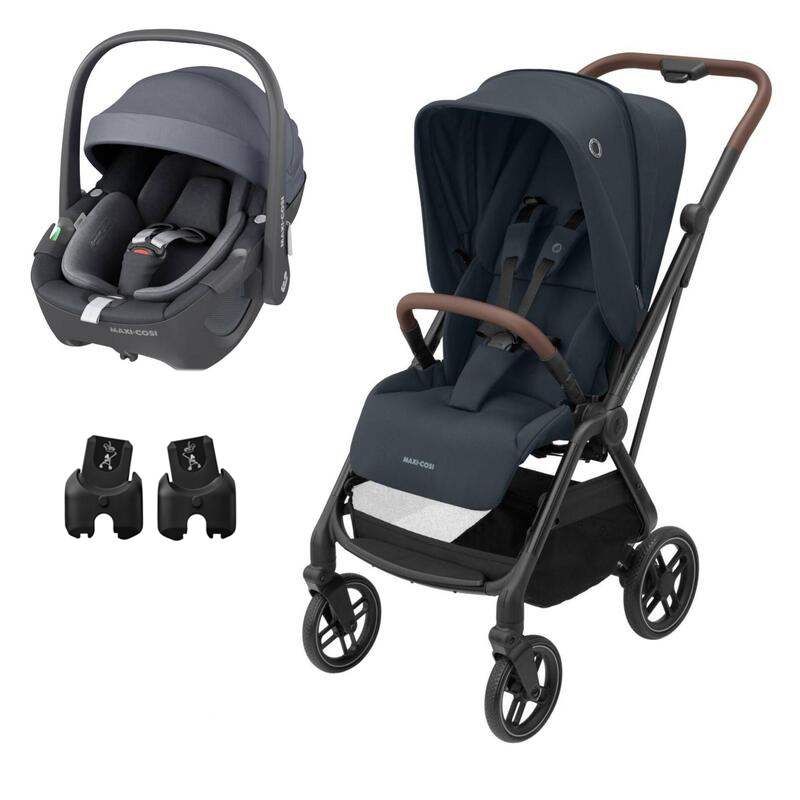 Carrinho de bebé azul escuro com estrutura preta e cadeira auto cinzenta