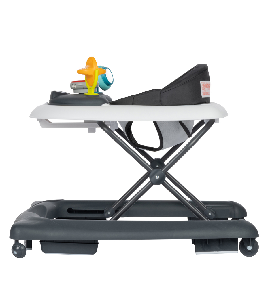 Andarilho para bebé cinza com assento preto e brinquedos coloridos