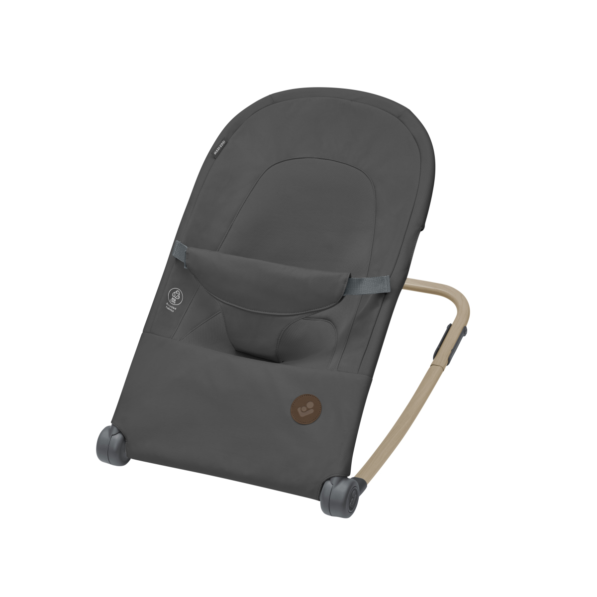Espreguiçadeira para bebé cinzenta com estrutura bege e cinto de segurança