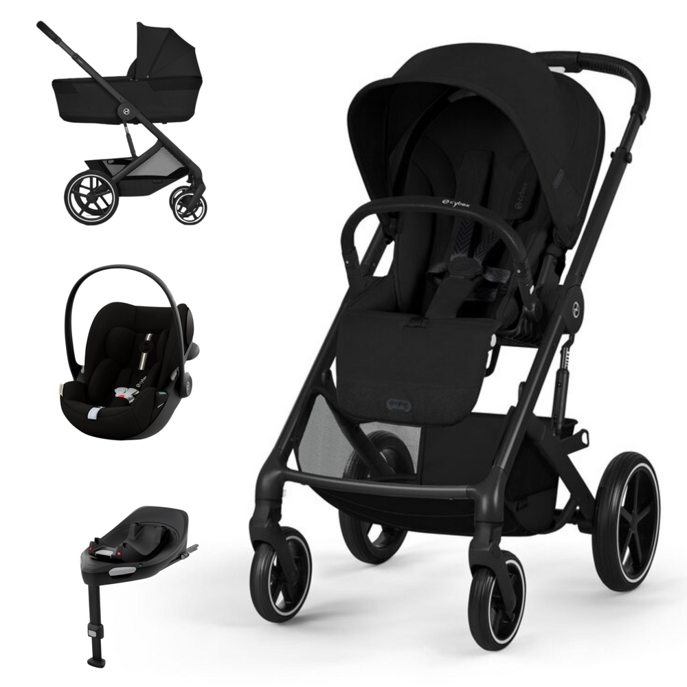 Conjunto de carrinho de bebé preto com mó, alcofa, cadeirinha auto e base
