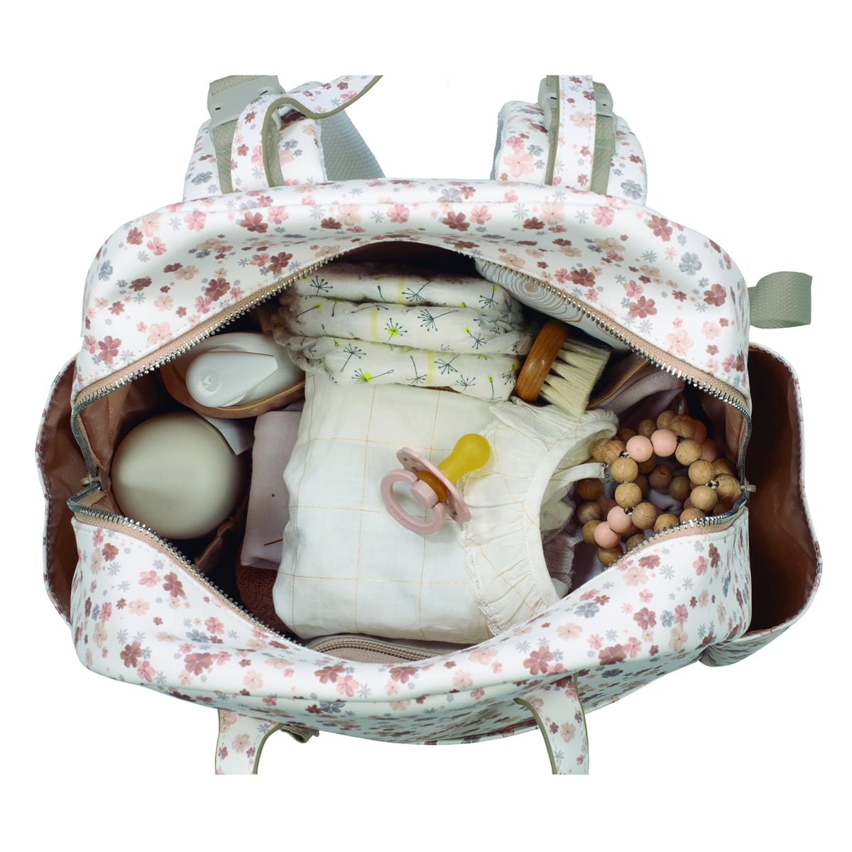 mochila floral branca aberta com itens de bebé dentro