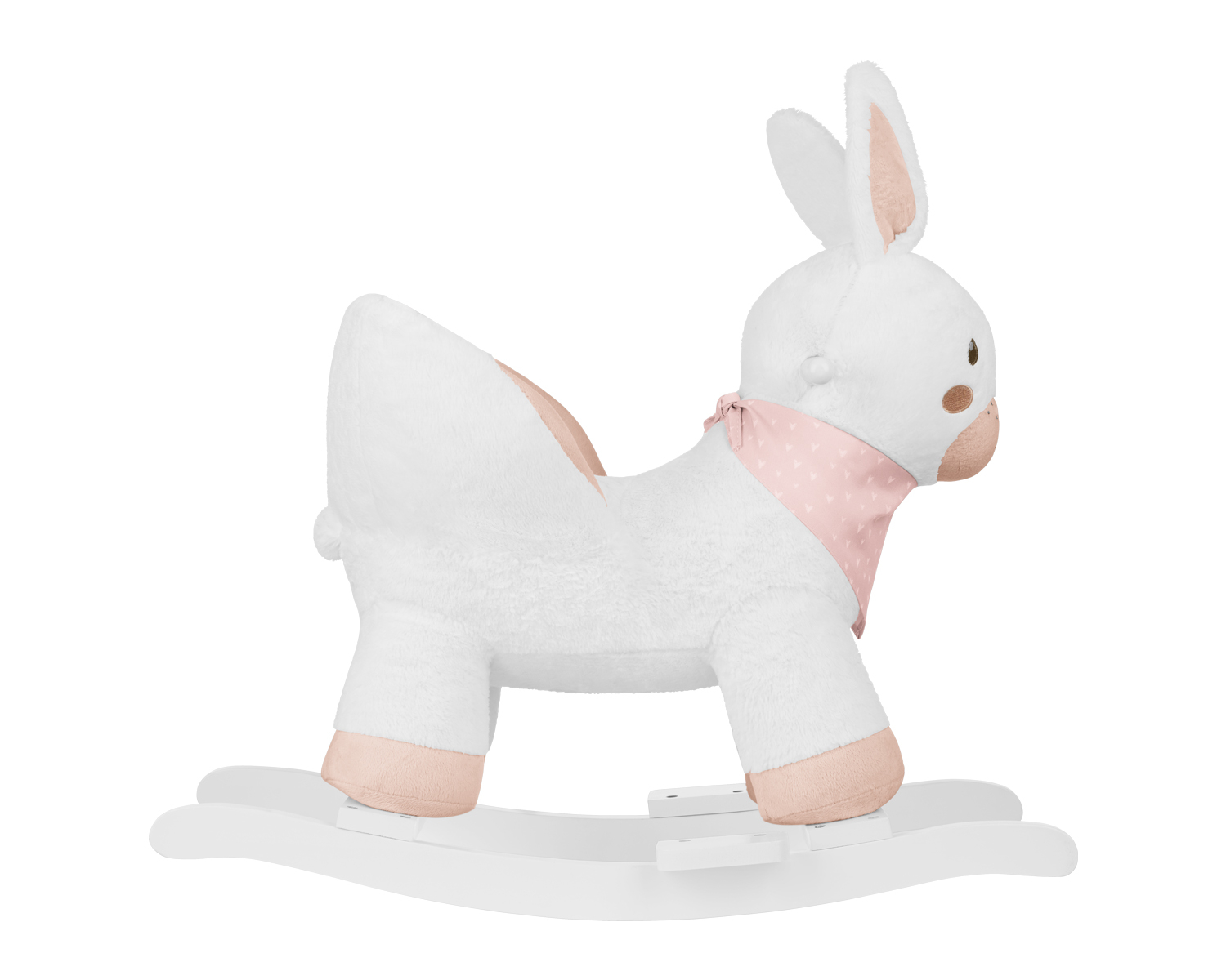 Cavalo de baloiço com forma de coelho branco e detalhes rosa