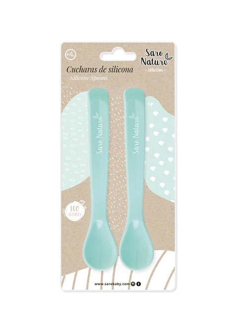 Duas colheres de silicone azul claro em embalagem de cartão com texto em espanhol e inglês.
