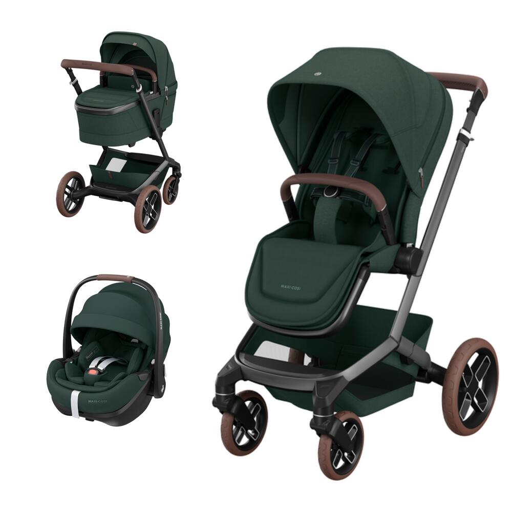 Carrinho de bebé, moisés e assento auto verde escuro com detalhes castanhos da MAXI-COSI