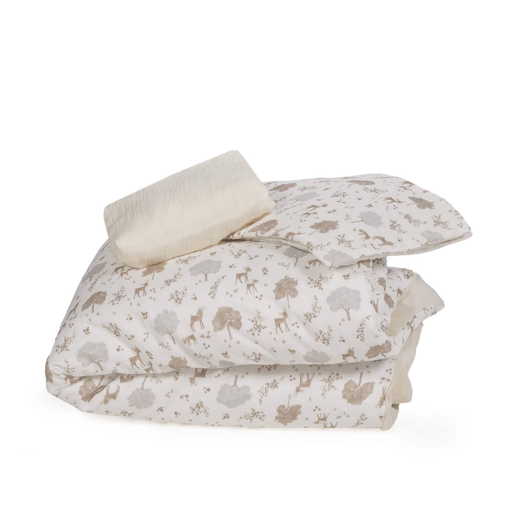 Conjunto de roupa de cama branco com padrão bege e manta creme