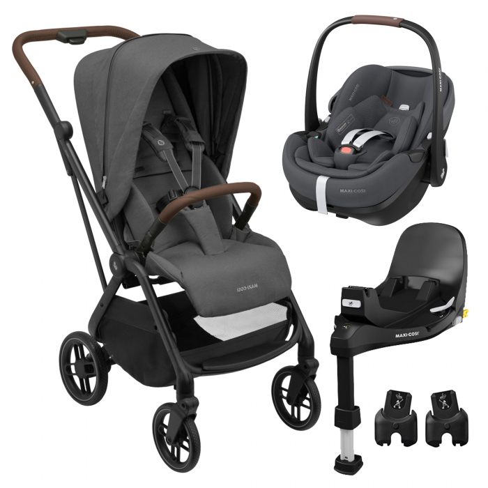 Carrinho de bebé cinzento, cadeira auto e base de instalação