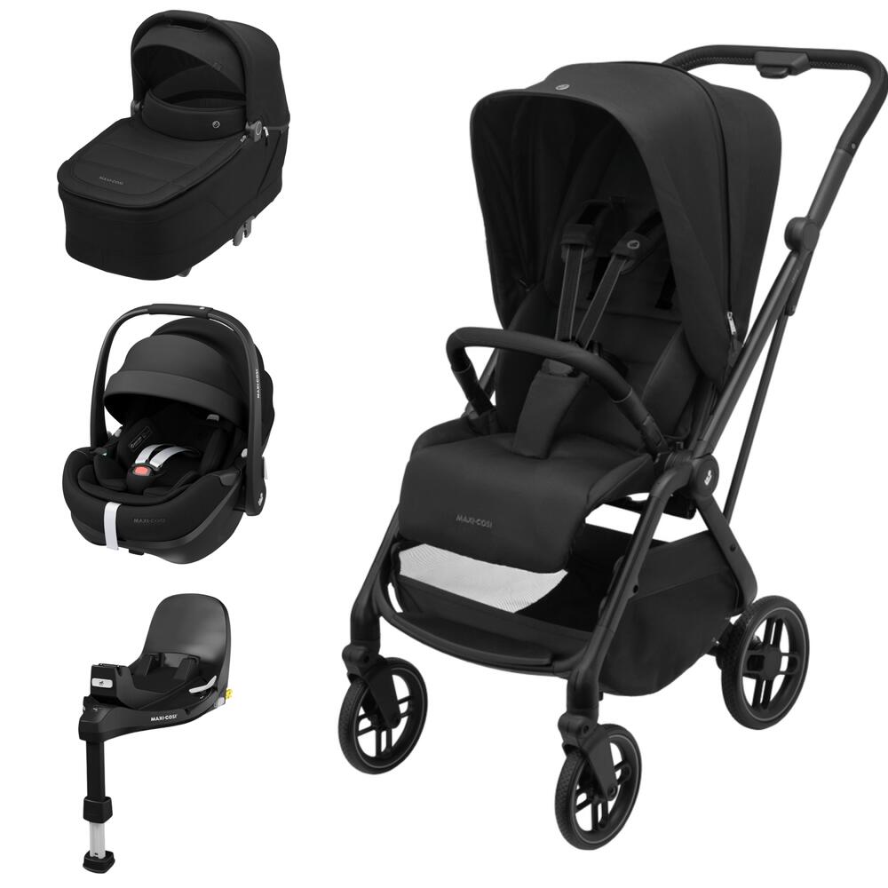 Carrinho de bebé modular preto com assento, alcofa, cadeira auto e base