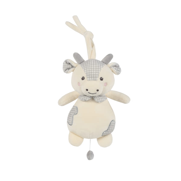 Pelúcia de vaca creme e cinza com corda para pendurar